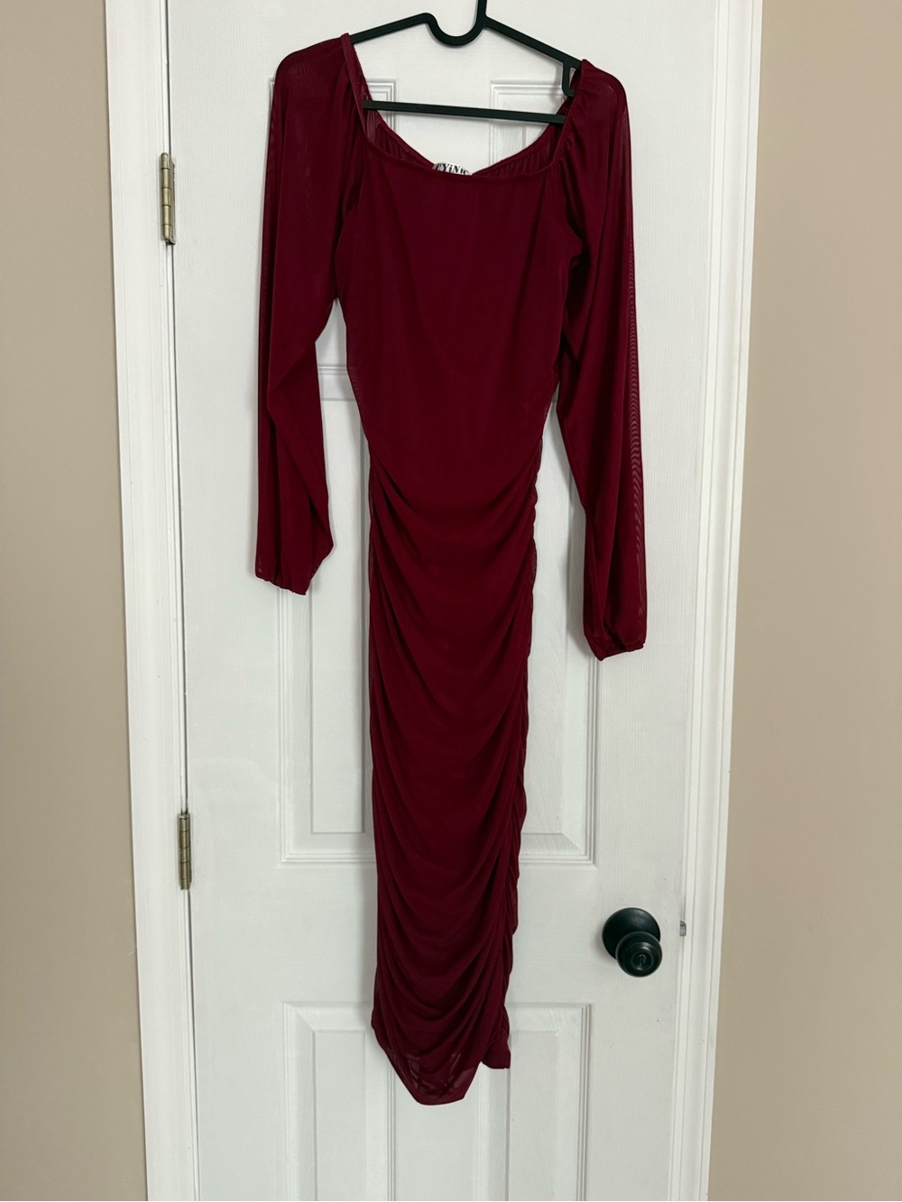 Amazon Wine Burgundy Ruched Midi Dress with Sheer Long Sleeves - Picture 2 of 2